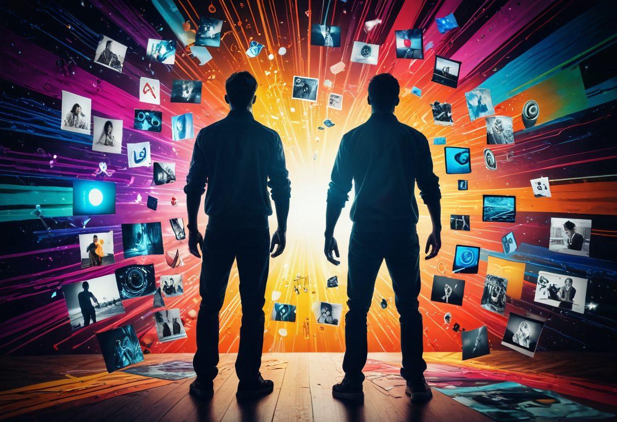 An imaginative collage of diverse video creation tools like cameras, editing software, and storyboard sketches, all swirling around a dynamic human figure passionately crafting content. The background features vibrant waveforms and glowing video frames to symbolize energy and engagement. The overall scene should have a cinematic feel, emphasizing creativity and excitement in the video production process. super-realistic. vibrant colors. cinematic.