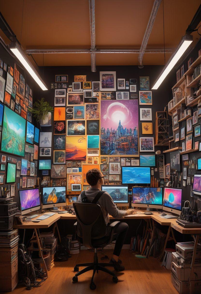 A vibrant creative space filled with an assortment of video production tools like cameras, tripods, and colorful storyboards. In the center, a person joyfully brainstorming ideas, surrounded by glowing screens showcasing dynamic video clips. The background features a wall of art supplies and digital devices, symbolizing the fusion of creativity and technology. Subtle light effects create an inspiring atmosphere. super-realistic. vibrant colors. 3D.